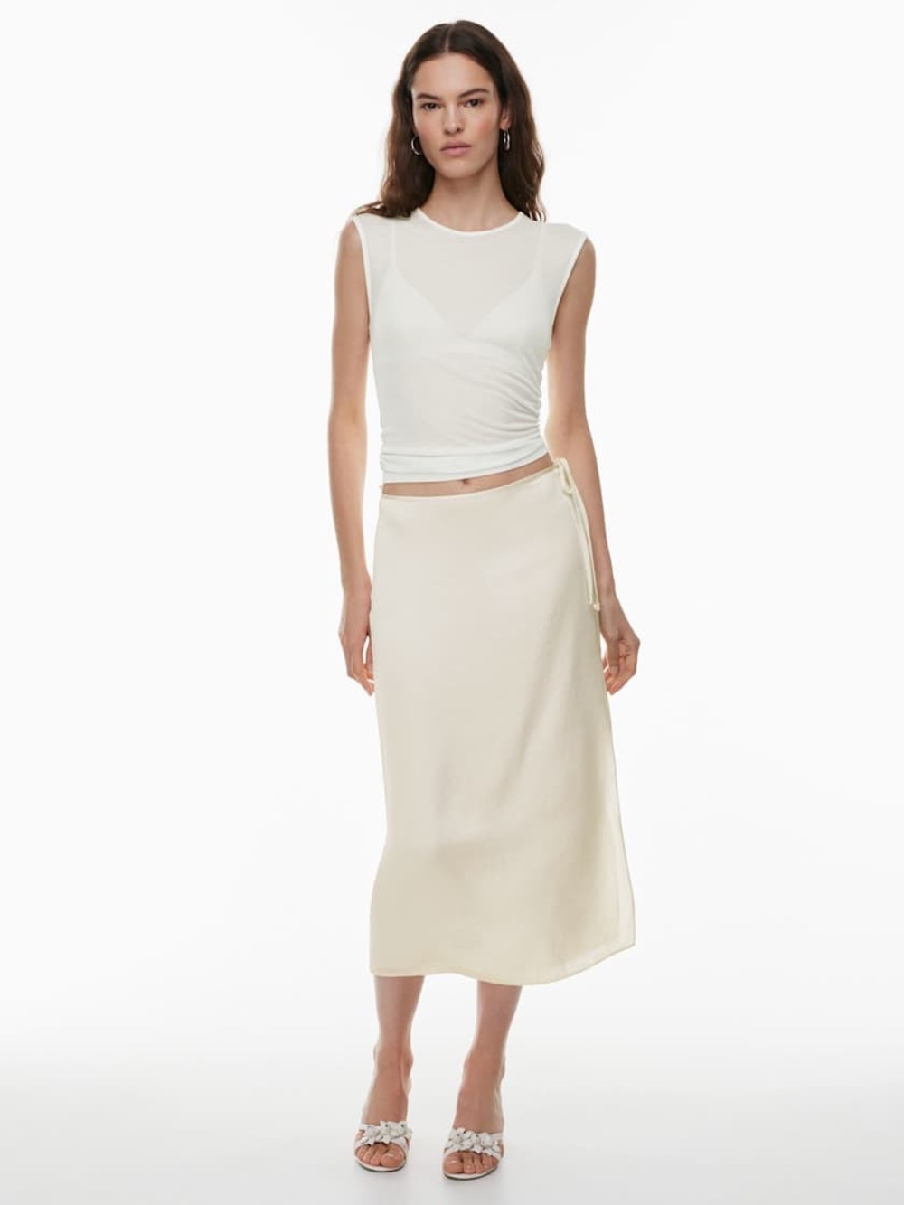 Aritzia Wilfred Elixir Satin Skirt In Light Birch Size 6 Midi Pencil Side Slit
